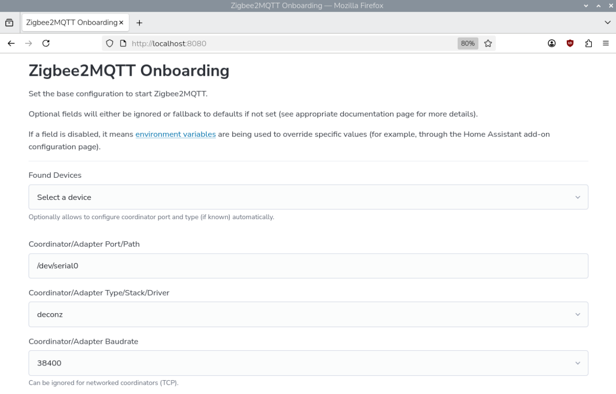 RaspBee II Onboarding Auswahl Adapter